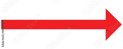 A large red long arrow icon. Right side horizontal long arrow. Straight long arrow vector icon. Long direction arrow icon in flat style. Isolated on white background.