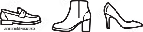 Men's loafer, women's ankle boot, and high heel pump line art set, fashion footwear collection