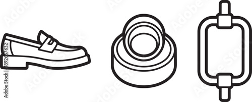 Minimalist black outline vector icons representing leather loafer shoe and industrial parts