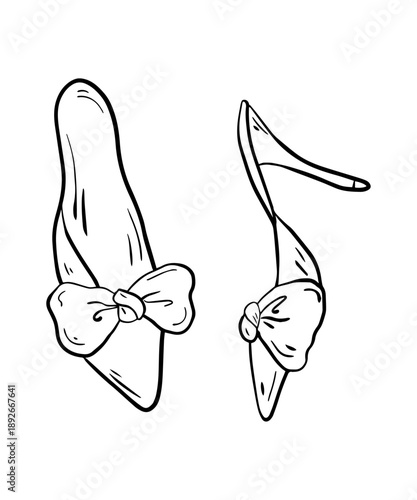 Rococo aesthetics. Hand drawn whimsy line art illustrarion with wedding shoes