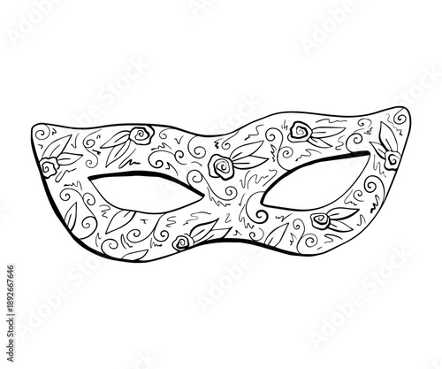 Rococo aesthetics. Hand drawn whimsy line art illustrarion with carnival mask, decorated with flowers and leaves