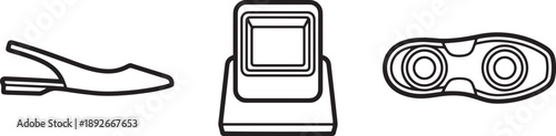 Minimalist outline icon set of slingback pump shoes and electronic device display panel