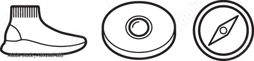 Minimalist sneaker icon set featuring sock shoe footwear round sensor and compass symbol