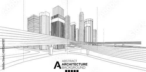 Abstract architecture background vector with monochrome line art of modern city skyscrapers and urban highway overpasses.