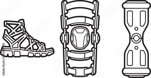 Performance footwear and professional medical leg brace equipment line icons for recovery