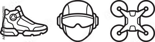 Protective headwear and high tech drone equipment icons for surveillance and security use