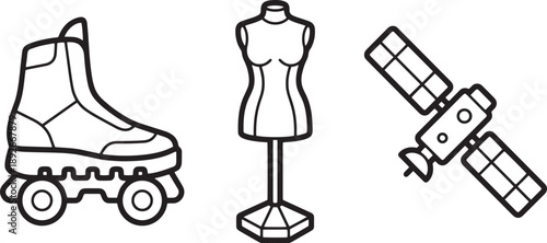 Roller skate mannequin satellite black line icons set for web design and applications