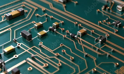 Detailed view of a green circuit board with integrated electronic components