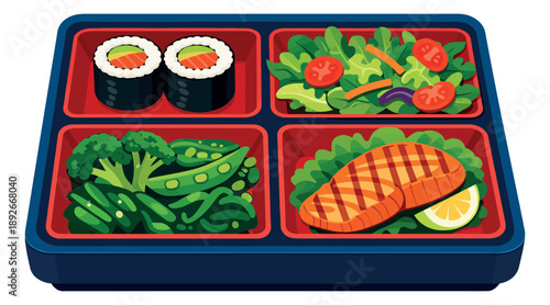 Colorful flat design bento box meal set featuring sushi, salad, vegetables, and grilled salmon for a healthy and balanced lunch