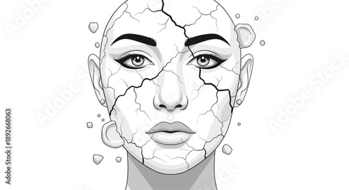 Black and White Graphic Illustration of a Woman's Face with Cracks and Flying Pieces Breaking Apart