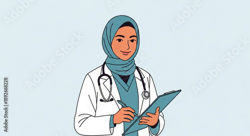 Muslim female doctor wearing hijab and stethoscope holding a clipboard and pen representing healthcare and medical profession isolated on light blue background