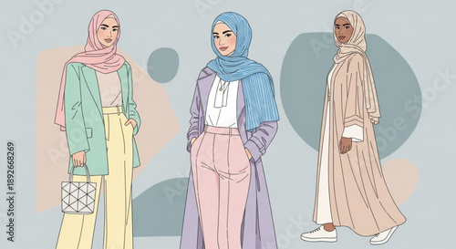 Diverse Muslim women in stylish hijab fashion modern modest clothing illustration for lifestyle and cultural concepts flat design on pastel background