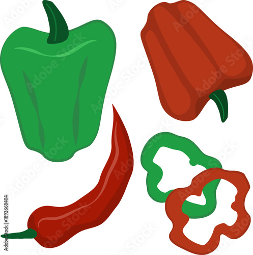 Flat vector clip art set of fresh green and red bell peppers, a spicy red chili, and sliced pepper rings, ideal for culinary infographics, menu design, and kitchen decor.