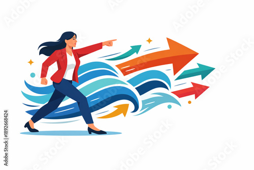Woman leading forward moving arrows and wave symbols