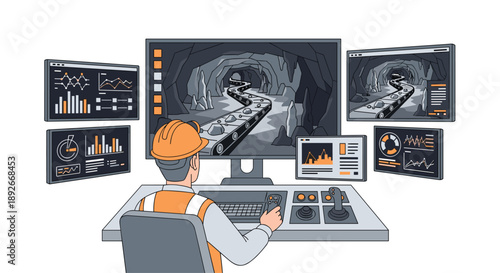 Mining Control Room Worker Monitoring Cave Operations and Conveyor Belts on Multiple Digital Screens