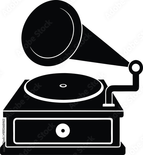Vintage record player silhouette vector art illustration and minimal black and white design