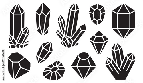 Crystal and gemstone silhouette icon set with quartz diamonds and mineral shapes