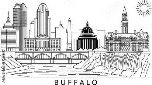 Buffalo New York skyline vector line art featuring city architecture landmarks a scenic bridge and waterfall.