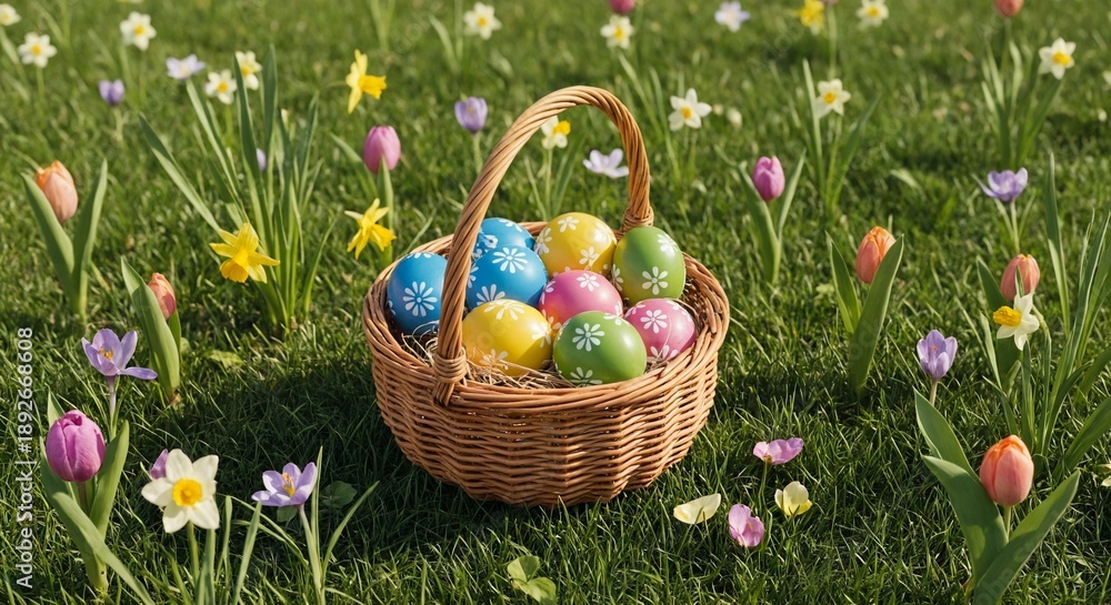 Fototapeta premium Easter Basket with Painted Eggs and Spring Flowers - Festive Holiday Decoration