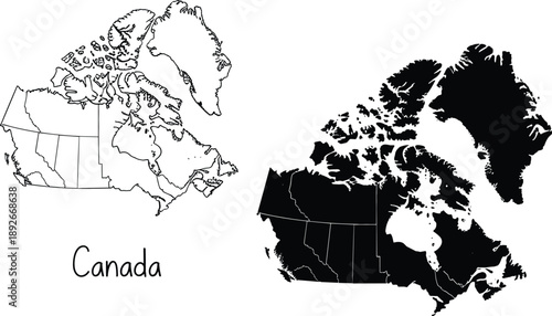 Canada map vector set featuring black silhouette and detailed administrative border line art on white background.