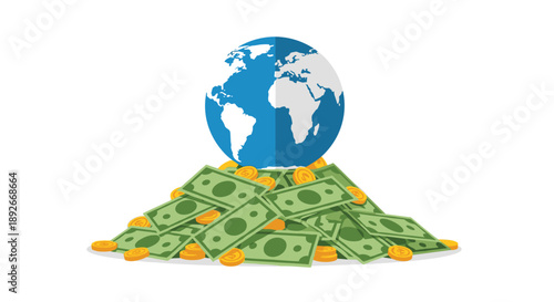 Earth Globe Sitting on a Large Pile of Green Banknotes and Gold Coins Representing Global Wealth