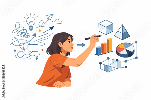 Woman sketching ideas that transform into geometric forms