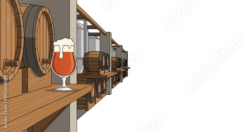 Beer Cellar Interior with Wooden Barrels on Shelves and a Glass of Fresh Beer on a Wooden Counter