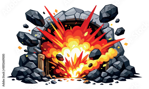 Vibrant cartoon style illustration of a mine entrance depicting a powerful explosion with collapsing rocks for a hazard warning