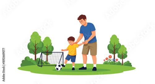 Father and Young Son Playing Soccer in a Green Park with a Soccer Ball and a Small Goal Net