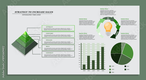 business infographic showing sales growth strategy with funnel, charts, pie graph and timeline elements.