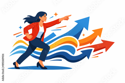 Woman leading forward moving arrows and wave symbols