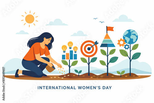 Woman planting idea seeds that grow into organized shapes