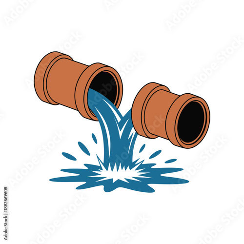 A cartoon illustration of two orange pipes leaking blue water