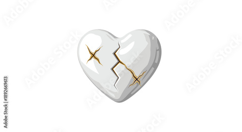 White Heart Shaped Object with Golden Cracks in Kintsugi Style Isolated on White Background