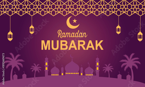 Ramadan Mubarak greeting with Islamic decorations and palm trees silhouetted against a purple sky