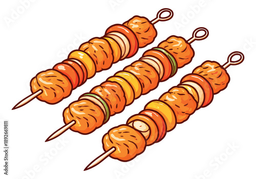 Hand drawn kebab skewers set featuring grilled meat and vegetables for meals and barbecue events