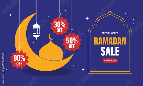 Ramadan sale banner with discount offers hanging from moon and mosque illustration