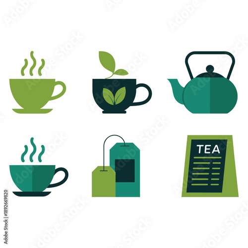 Set of green and teal colored tea icons including steaming cups teapot teabag and tea packaging vector elements for beverage theme