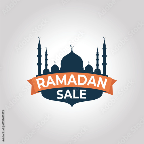 Ramadan sale banner with mosque silhouette and orange ribbon graphic