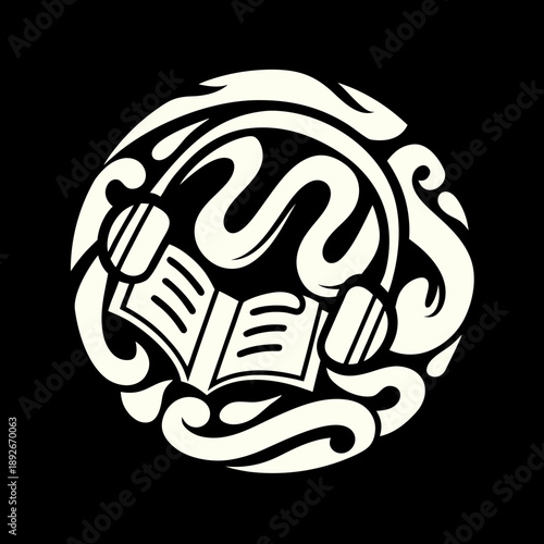 Headphones & book logo, music, learning, entertainment symbol