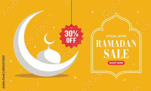Ramadan sale banner with thirty percent off discount and crescent moon symbol on yellow background