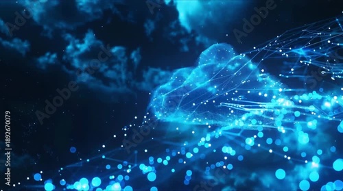 Abstract digital cloud network with glowing particles and data mesh in night sky (AI Generated)