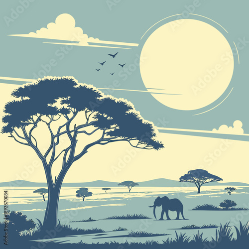 High Sun Above Flat Landscape, Bright Summer Day