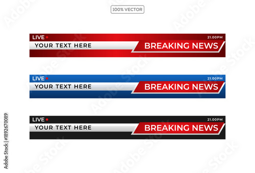 Breaking news. Red blue black banner with white text isolated on transparent background. Vector illustration.