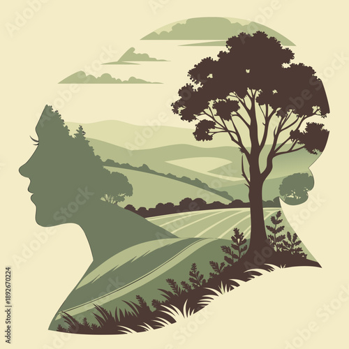 Human Silhouette Profile Shaping a Serene Landscape