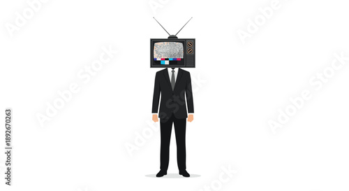 Full Length View of a Man in a Black Suit with a Retro Television Head Showing Static Noise
