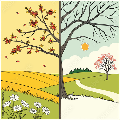 Four Seasons Landscape: Spring, Summer, Autumn, Winter Side-by-Side