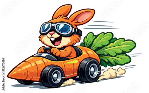 Cartoon illustration of a cheerful rabbit driving a carrot race car depicting speed for kids' entertainment