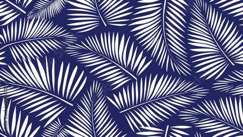Seamless vector pattern of white palm fronds on deep blue background for design
