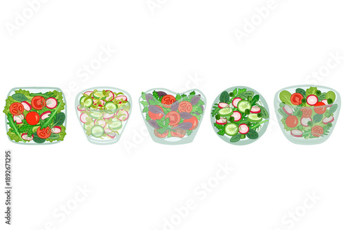 Vector seamless border of spring salad. Set of vector salads in glass bowls. Основные RGB